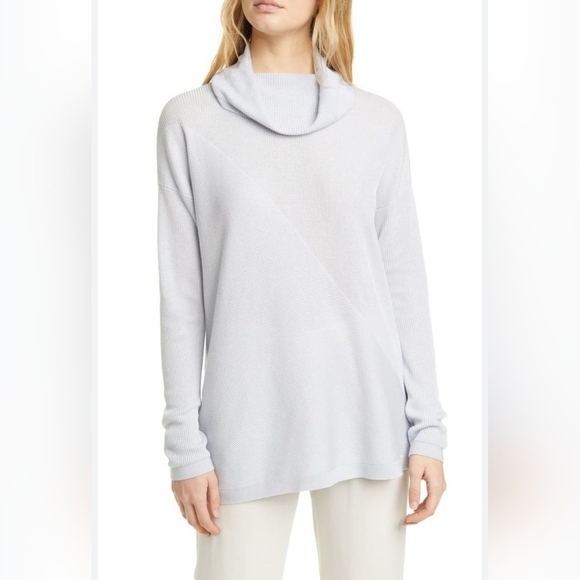 Eileen Fisher Light Blue Lyocell and Silk Cowl Neck Sweater - Picture 1 of 13